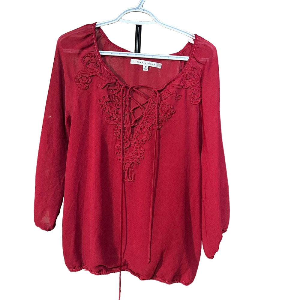 Max Studio Red Ruffled Three Quarter Sleeve Blouse - Picture 1 of 4